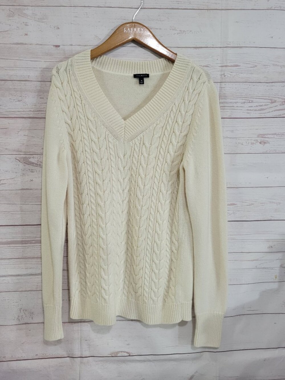 Talbots Cable Knit Sweater Womens Medium Ivory Wool Blend Classic Preppy V-Neck